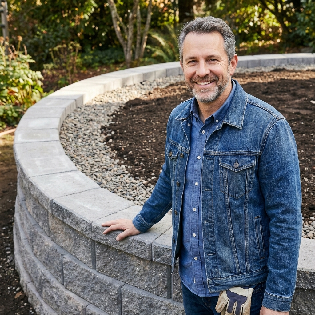 A curved retaining wall made from interlocking concrete blocks, showing consistent joints and clean backfill area behind the wall