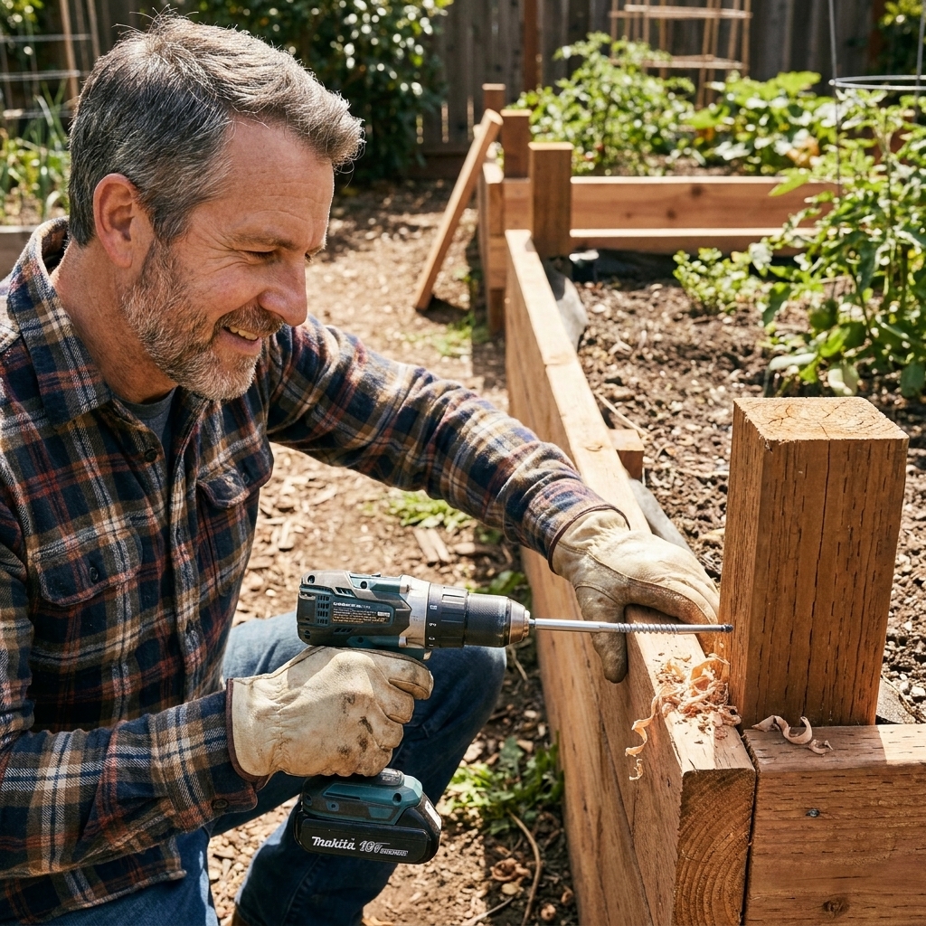 A deck screw being driven through a thick garden bed board into a sturdy corner post with a drill driver