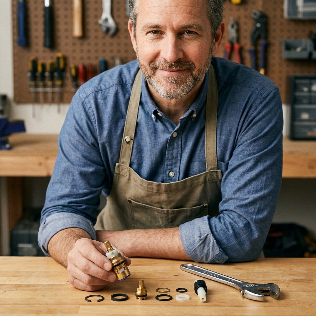 A faucet cartridge with small parts like a retaining clip and O-rings laid out on a workbench next to an adjustable wrench