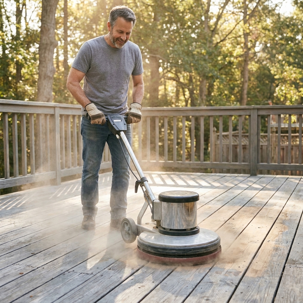 A floor buffer with a sanding screen being used on a wooden deck surface to smooth weathered boards before staining