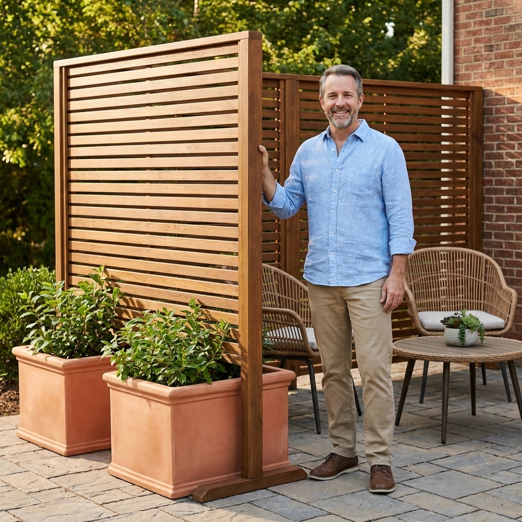 A freestanding wood slat privacy screen on a patio, anchored in large planters and positioned beside a small outdoor seating area
