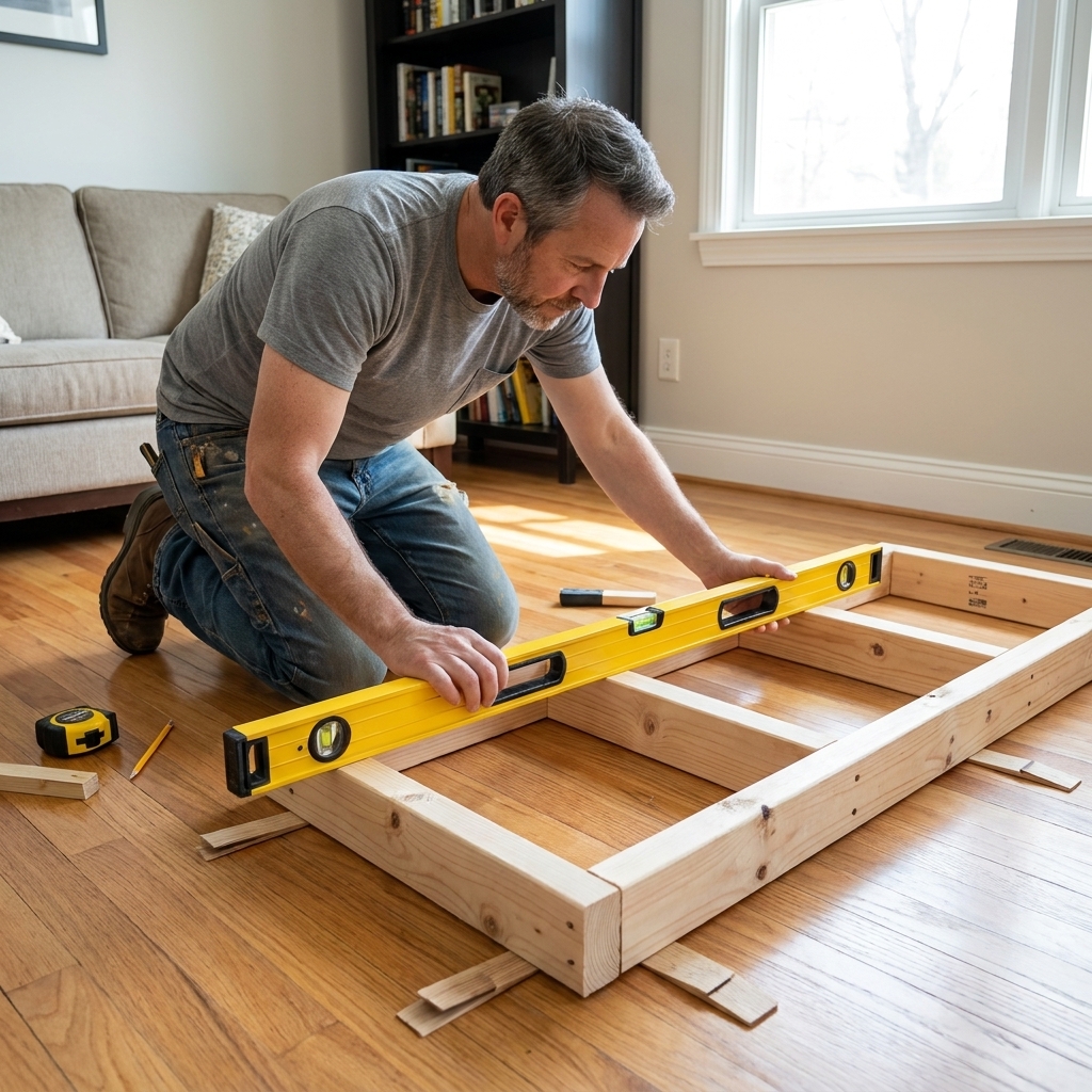 A freshly built 2x4 toe-kick platform frame on a living room floor, shimmed and checked with a long level