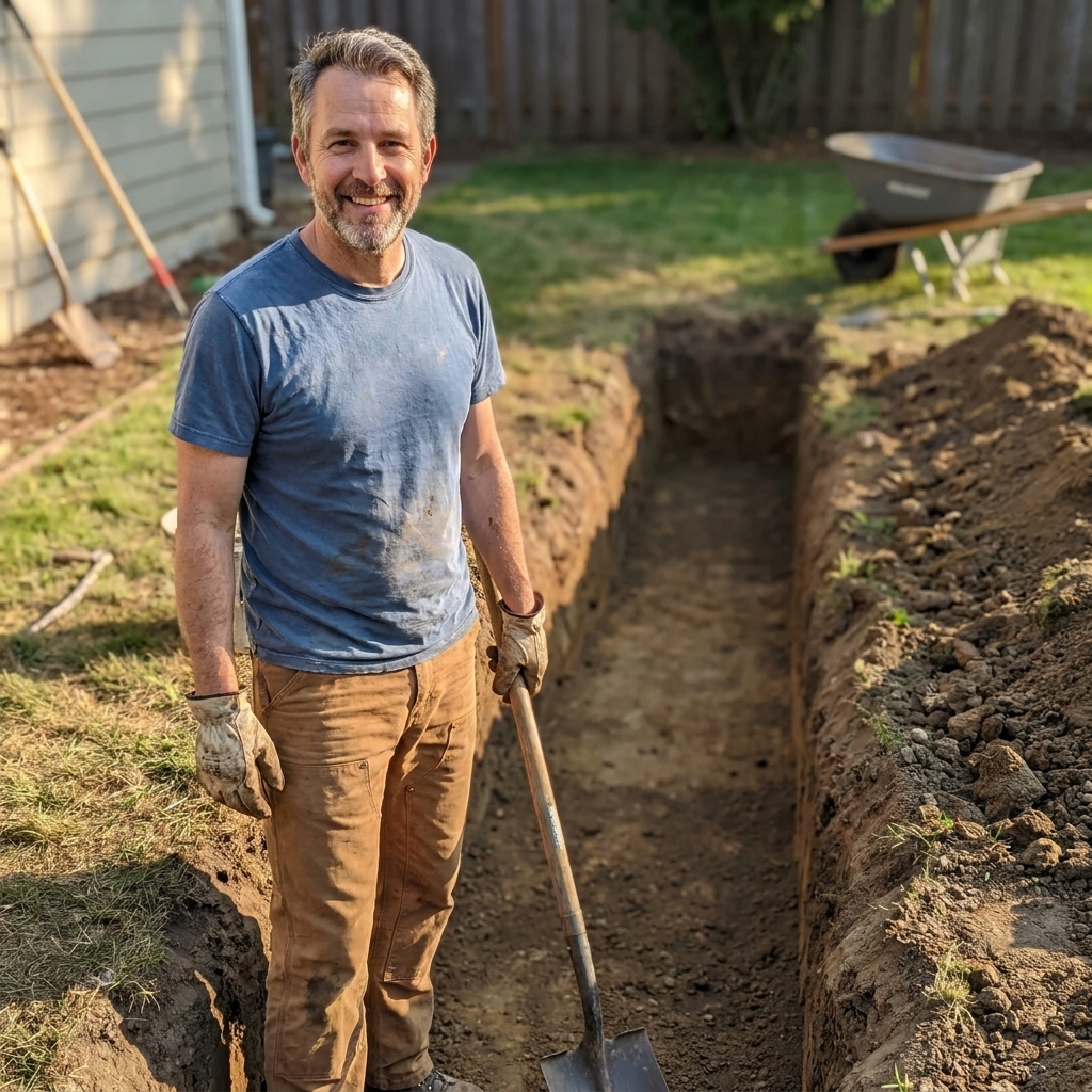 A freshly dug trench for a retaining wall in a backyard, showing straight sides and compact soil at the bottom