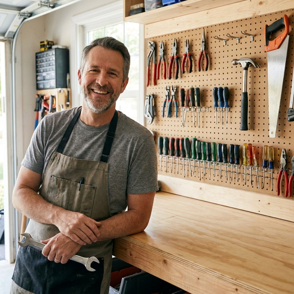 A garage workshop wall with a pegboard holding hand tools like pliers, screwdrivers, a hammer, and a hand saw, with a clean workbench below