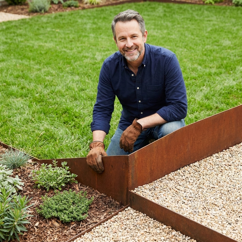 A garden bed bordered by corten steel edging with a rust-colored patina, creating a straight clean line between green grass and light-colored gravel