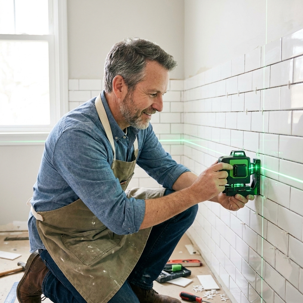 A green 360-degree laser level projecting bright reference lines across a bathroom wall with partially installed subway tile