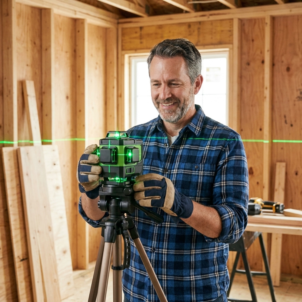 A green 360-degree multi-plane laser level on a sturdy tripod in a room with bare studs, projecting a continuous level line around the walls