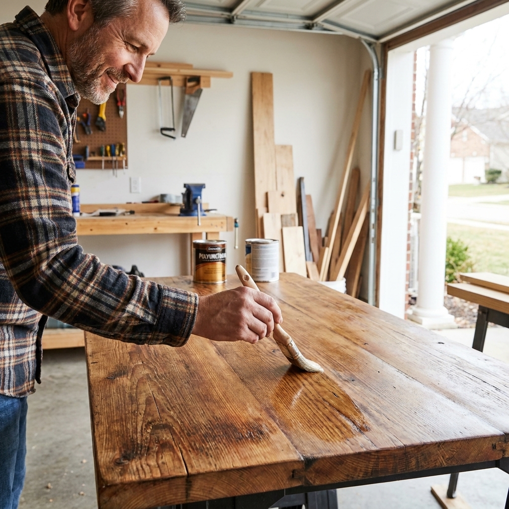 A hand brushing a clear polyurethane coat onto a sanded reclaimed wood tabletop in a garage workshop