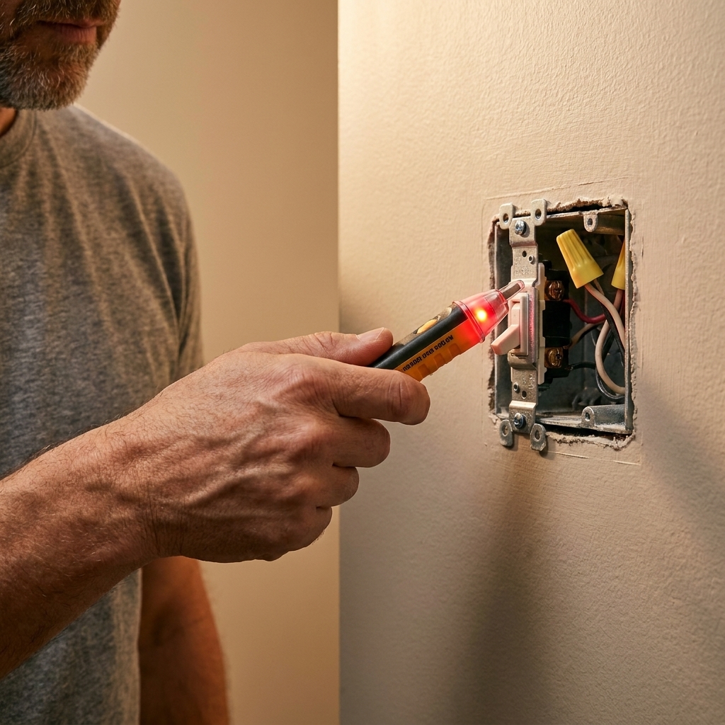 A hand holding a non-contact voltage tester near an open light switch box to check for live power