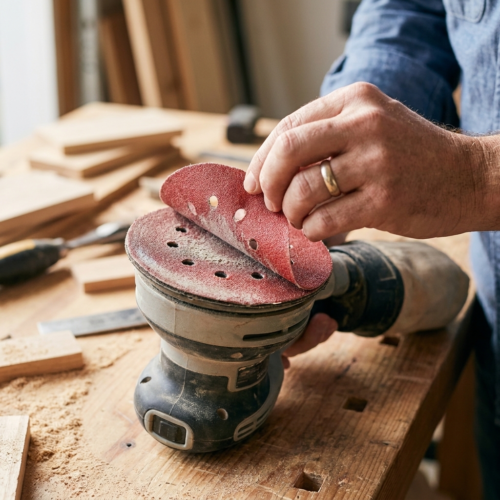 A hand peeling a worn hook-and-loop sanding disc off a random orbital sander pad on a workbench