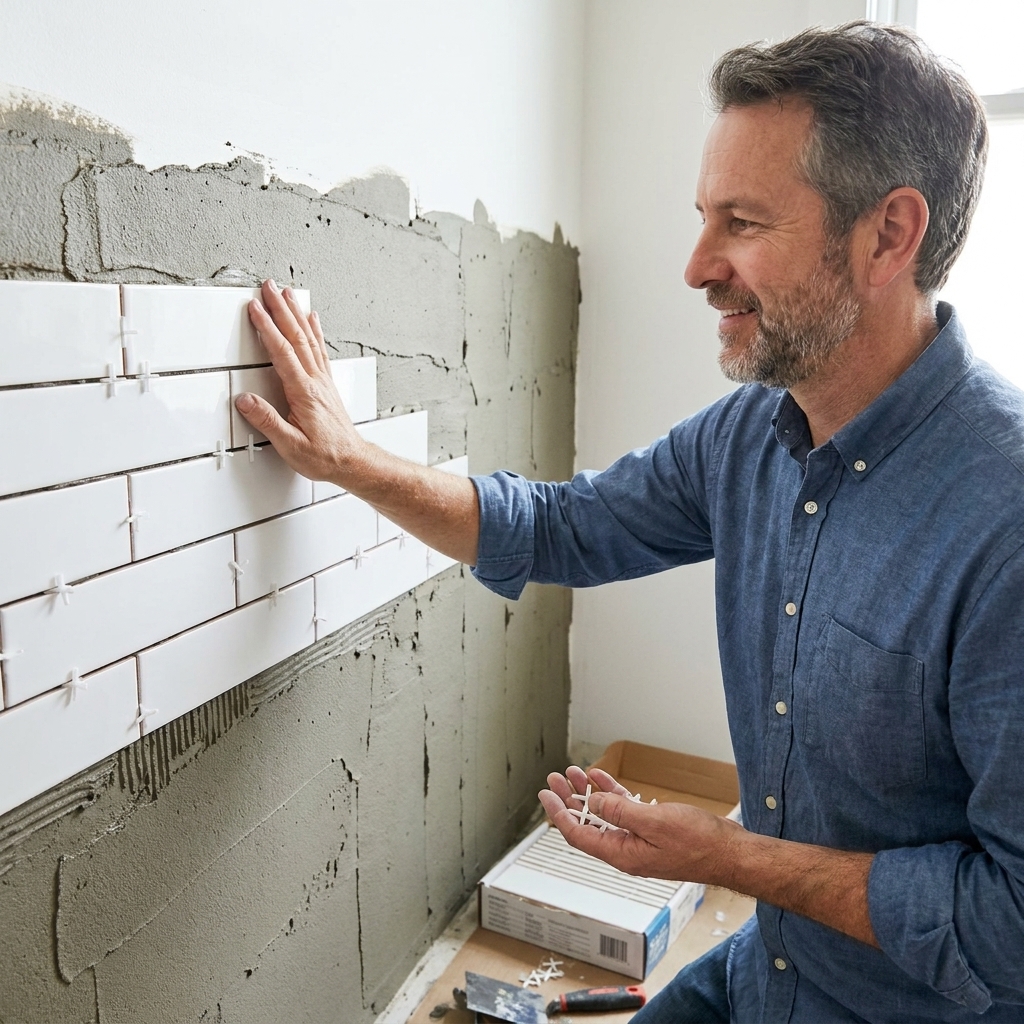 A hand placing white subway tiles on a wall using plastic spacers, with fresh thinset visible between tiles