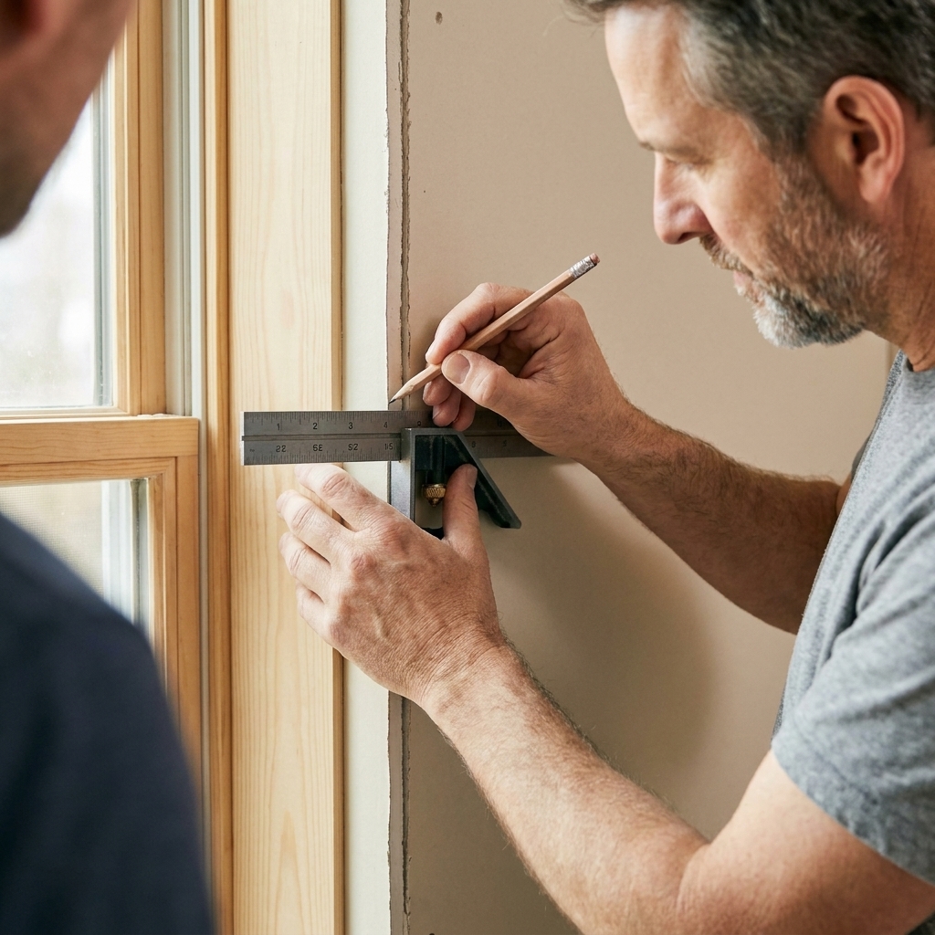 A hand using a combination square to mark a consistent reveal line around an interior window opening on painted drywall