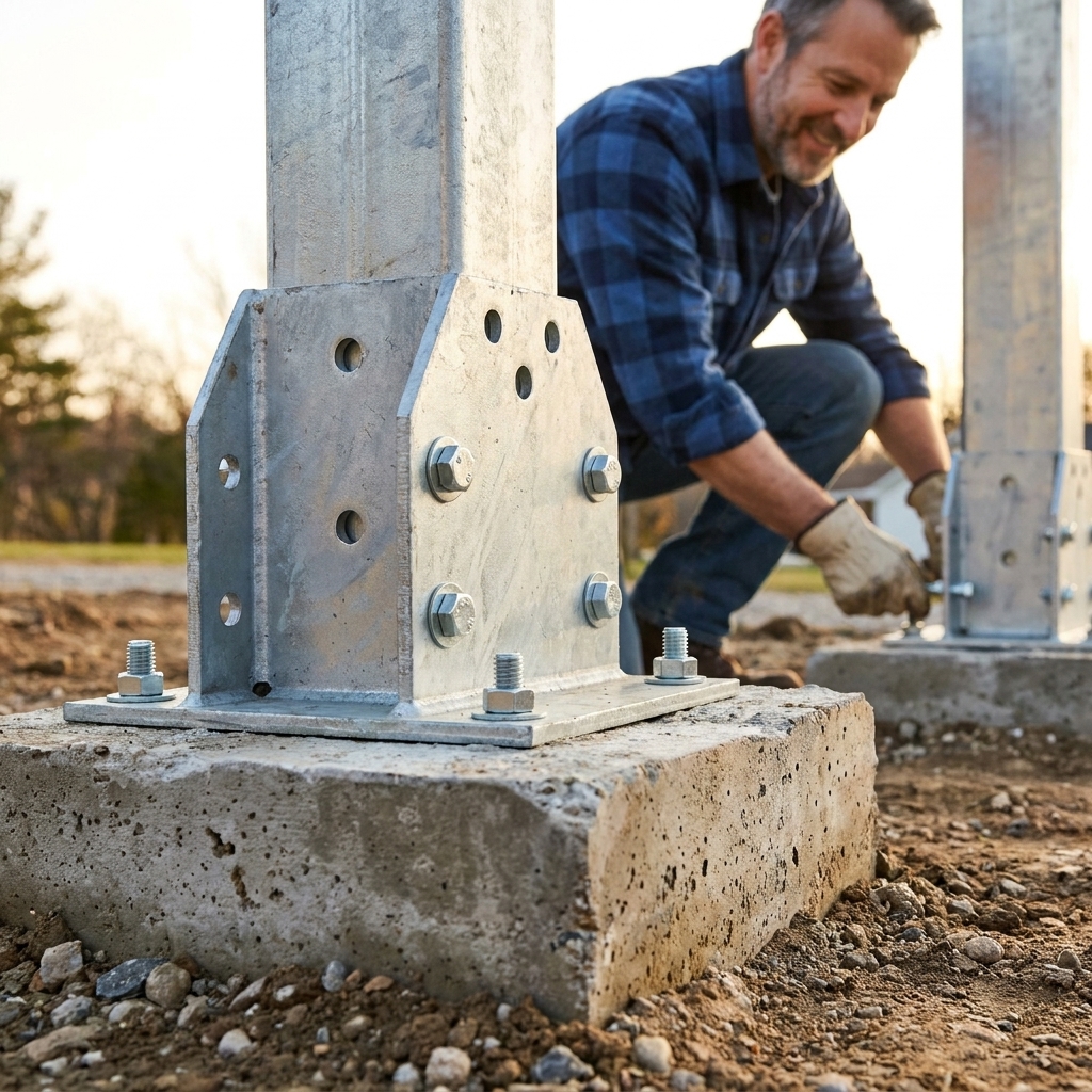 A heavy-duty galvanized steel post base bracket mounted on a concrete pier with anchor hardware installed
