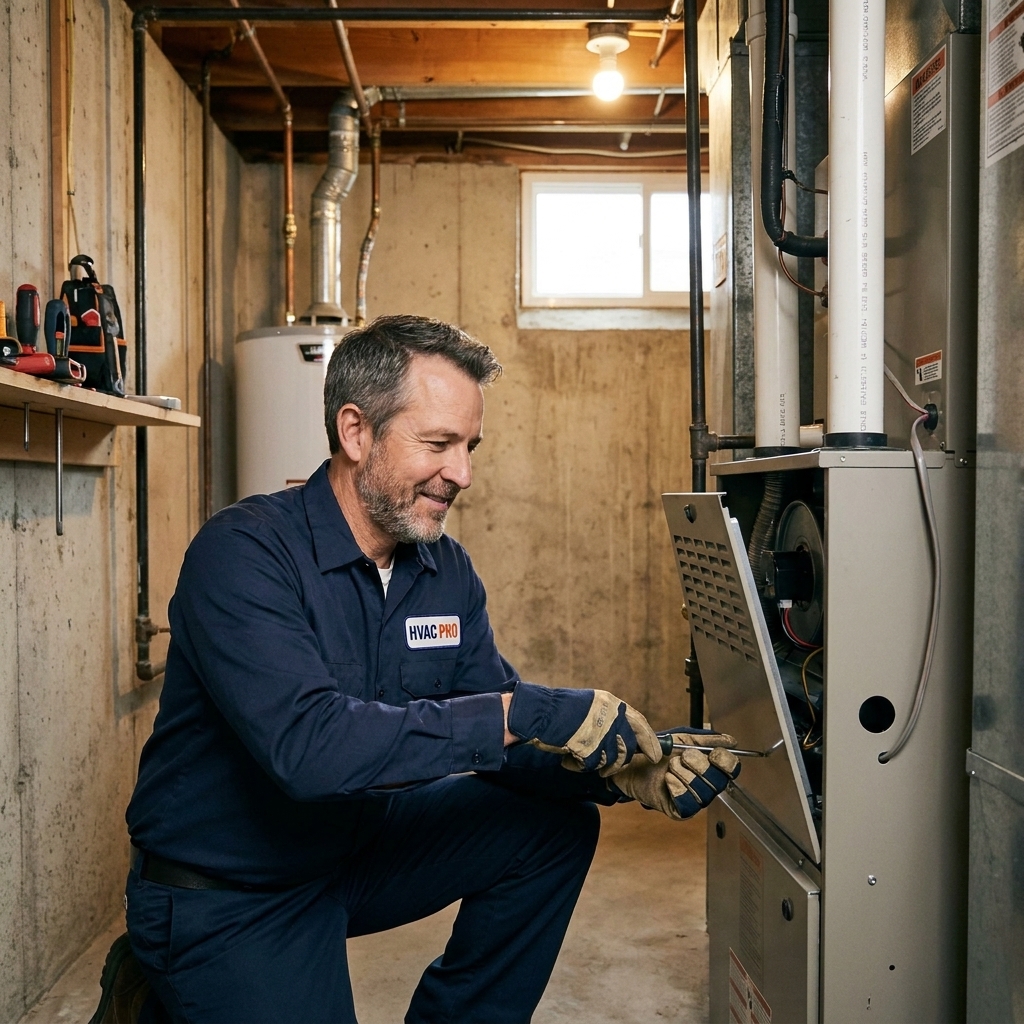 A home HVAC technician removing the front panel of a residential gas furnace in a basement utility room during a service visit