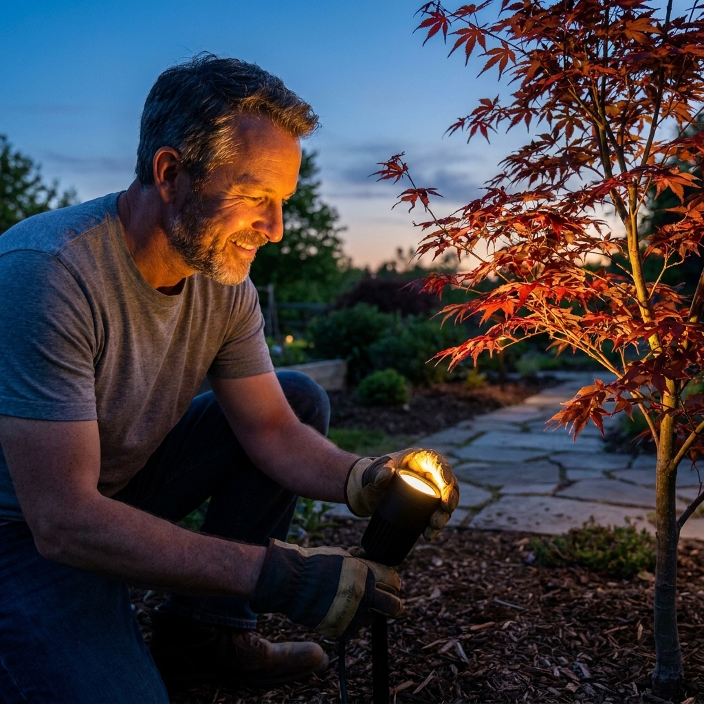 A homeowner adjusting the angle of a low-voltage LED landscape spotlight at dusk to highlight a small ornamental tree