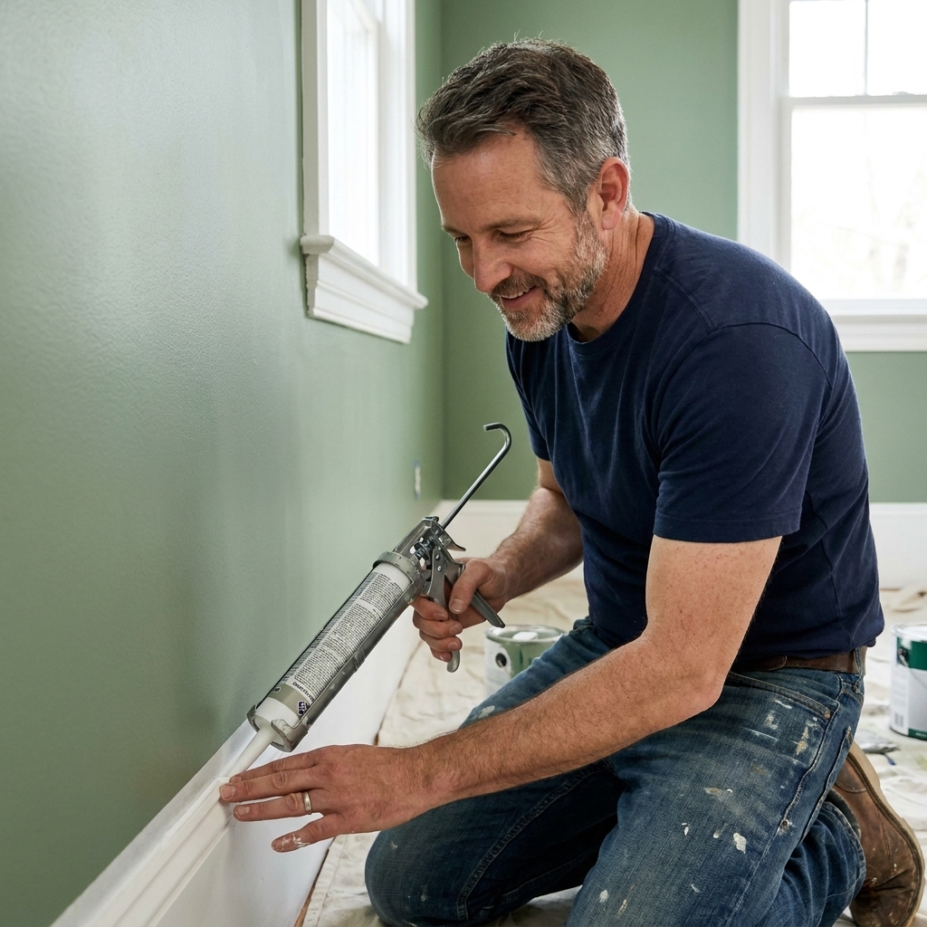 A homeowner applying a neat bead of caulk along a baseboard seam with a caulk gun in a freshly painted room