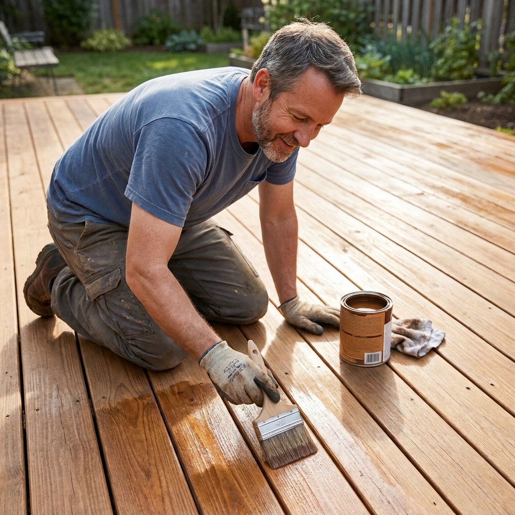 A homeowner applying semi-transparent deck stain to wooden deck boards with a brush, working along the grain