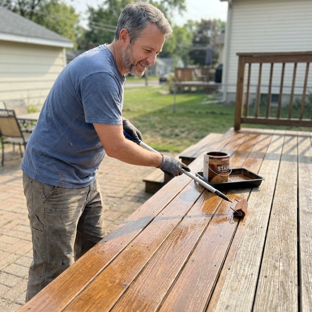 A homeowner applying semi-transparent deck stain to wooden deck boards using a stain pad on an extension pole, leaving a wet edge