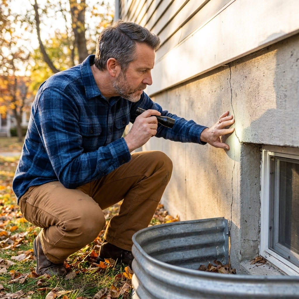 A homeowner crouching beside a house foundation inspecting a small crack near a basement window well with a flashlight on an autumn afternoon