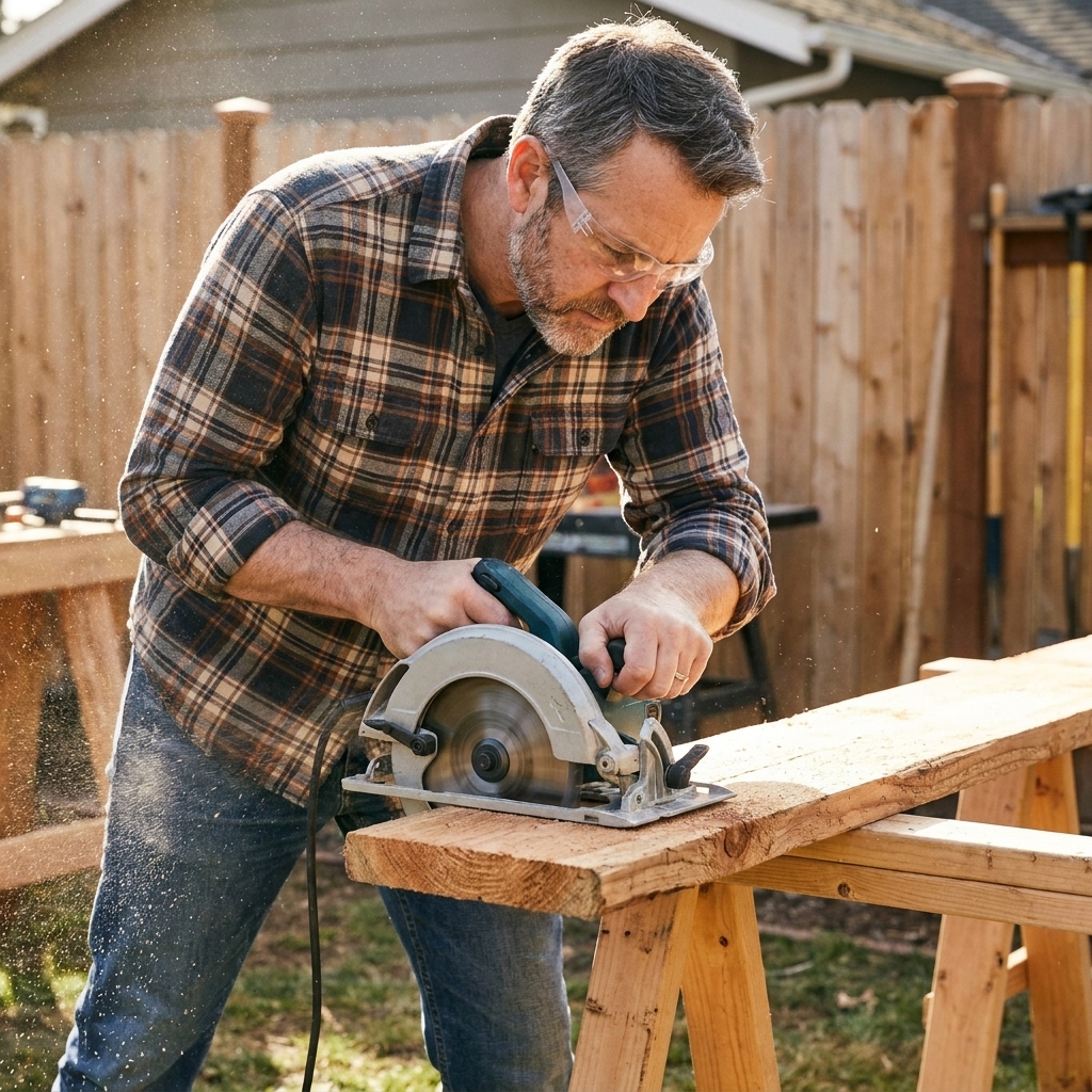 A homeowner cutting an untreated cedar 2x12 board on sawhorses with a circular saw while wearing safety glasses