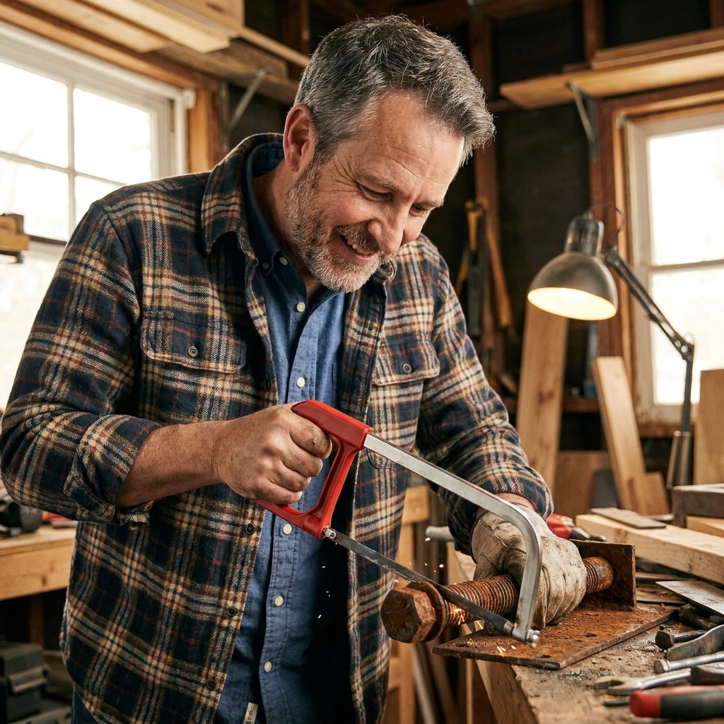 A homeowner cutting through a rusted metal bolt with a compact hacksaw in a home workshop.