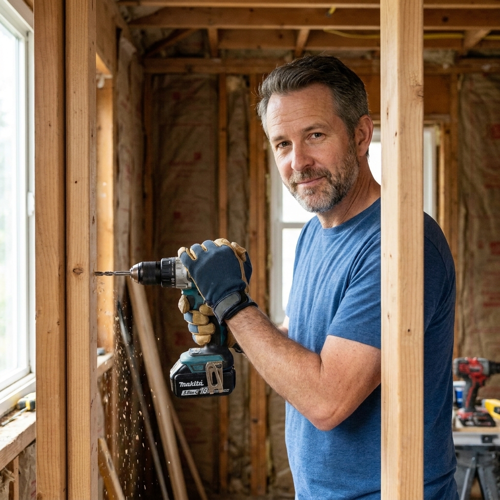 A homeowner drilling a pilot hole into a wall stud inside an unfinished room, with sawdust falling near the drill bit