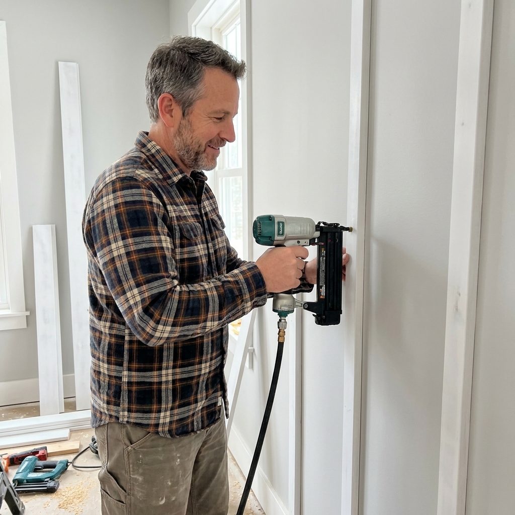 A homeowner holding an 18-gauge brad nailer against a primed vertical batten on an interior wall, with trim boards staged on the floor nearby