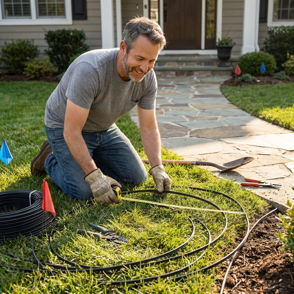A homeowner kneeling on a lawn near a front walkway, measuring and laying out low-voltage landscape lighting cable in smooth curves before burying