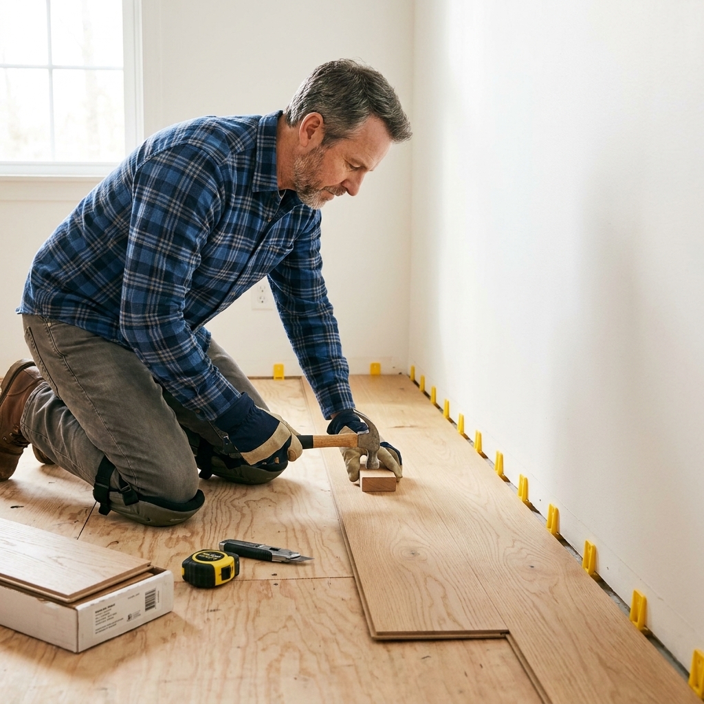 A homeowner kneeling on a subfloor installing click-lock planks with spacers along the wall