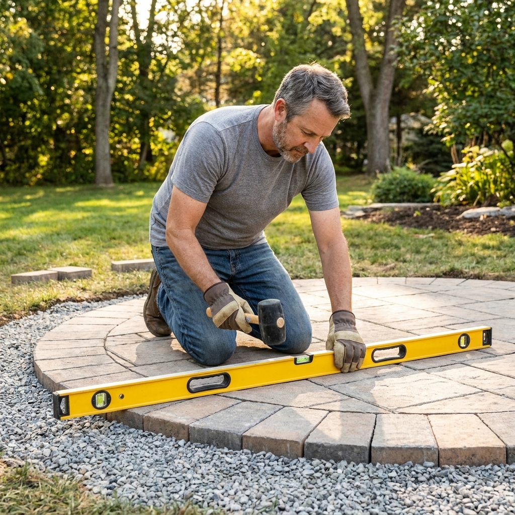 A homeowner leveling a circular paver base with a long level and rubber mallet, with crushed stone base visible under the pavers
