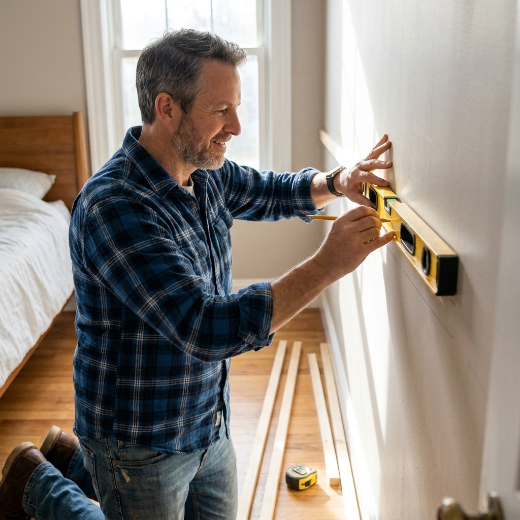A homeowner measuring and marking vertical battens on a bedroom wall with a level and pencil while boards are staged on the floor