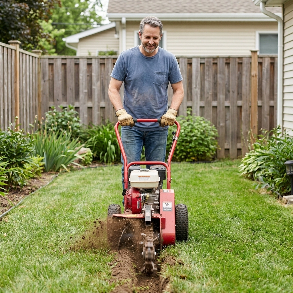 A homeowner operating a walk-behind trencher in a suburban backyard, cutting a straight trench through grass