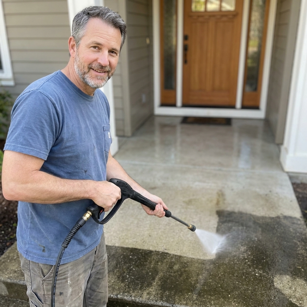 A homeowner pressure washing a concrete front walkway, removing grime and brightening the surface near the entry