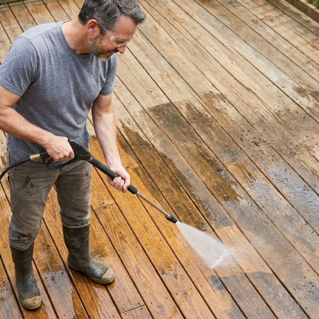 A homeowner pressure washing a wooden deck with a wide fan spray tip, keeping the wand angled and moving along the grain