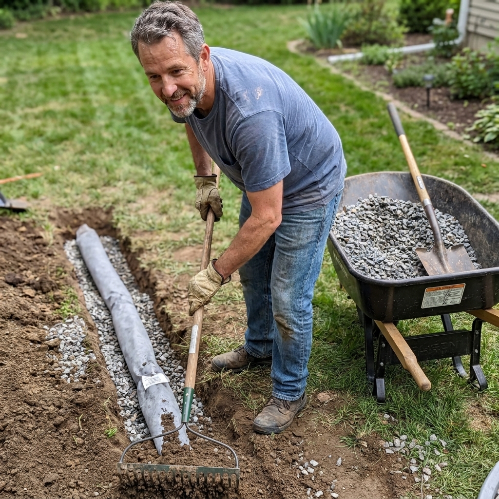 A homeowner raking soil back over a wrapped French drain trench, with a wheelbarrow of leftover gravel nearby