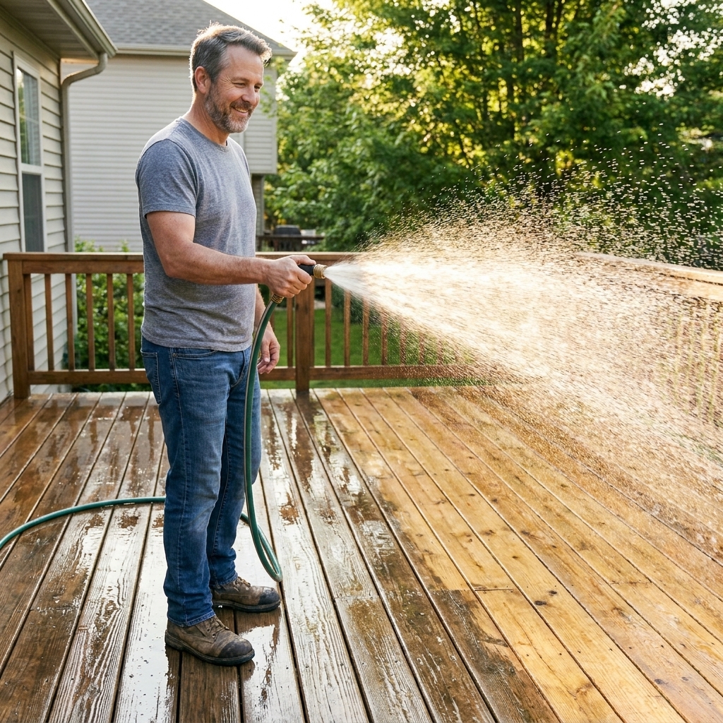 A homeowner rinsing deck brightener off wood decking with a garden hose, with boards looking lighter and more even