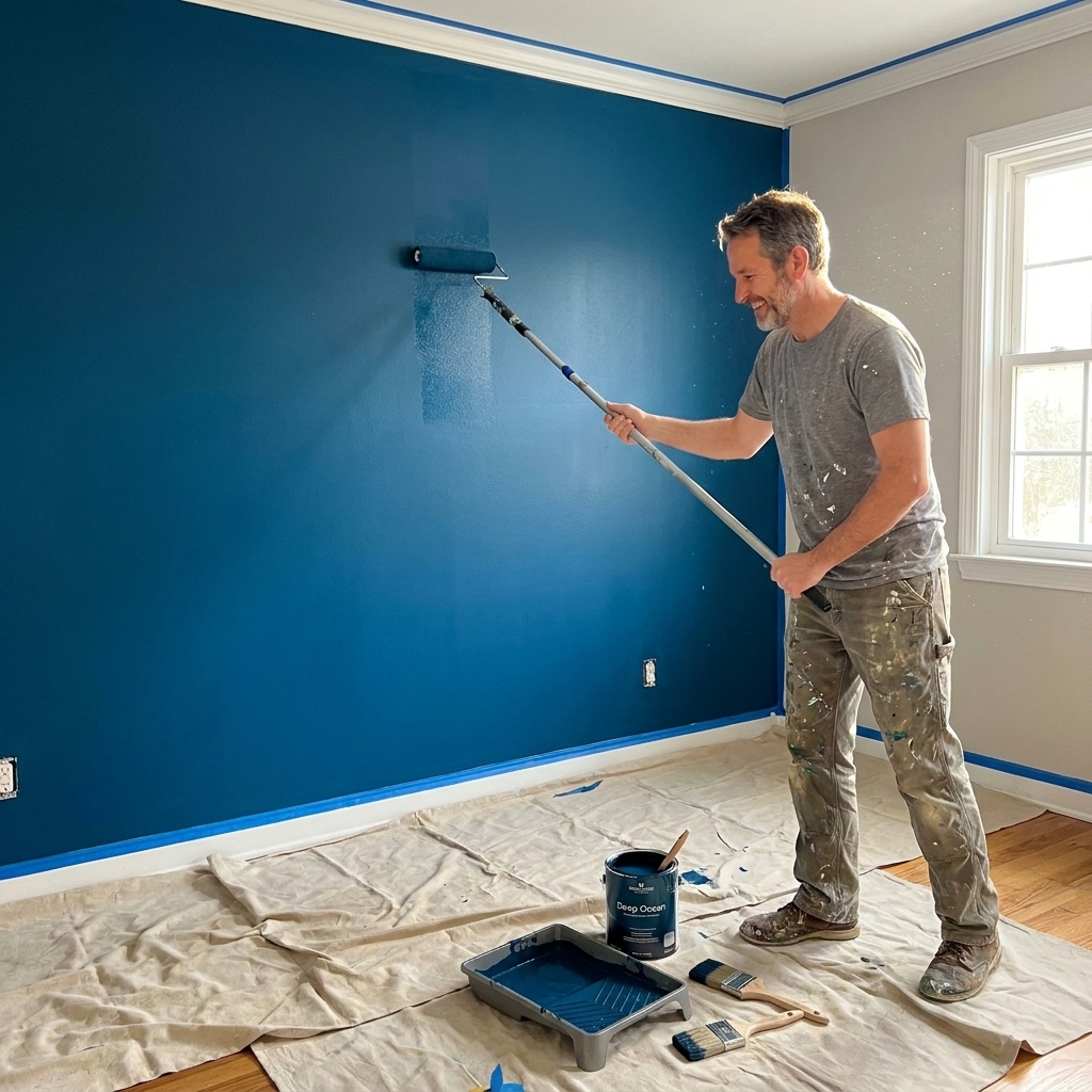 A homeowner rolling deep blue paint onto a bedroom accent wall while the floor is protected with drop cloths and painter's tape