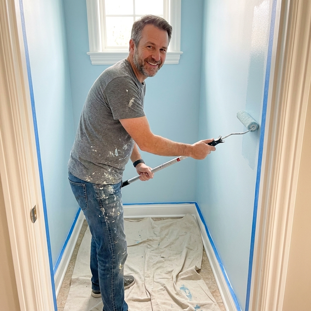 A homeowner rolling paint onto a small powder room wall with a short roller, with painter’s tape along trim and a drop cloth on the floor