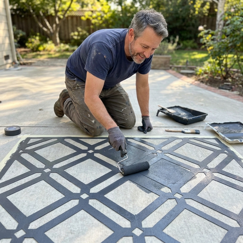 A homeowner rolling paint over a geometric stencil on a concrete patio, with crisp edges forming a repeating pattern