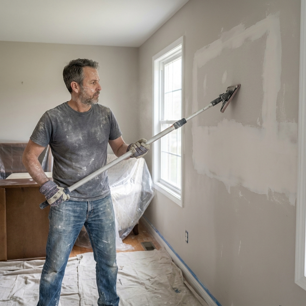 A homeowner sanding a freshly patched drywall area with a pole sander in a living room before repainting