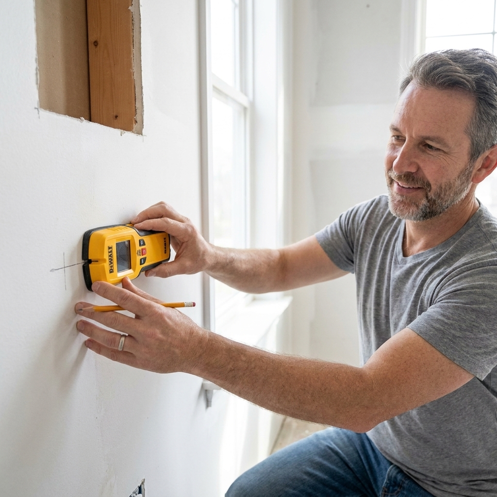 A homeowner sliding a handheld electronic stud finder across a white drywall wall with a pencil mark nearby
