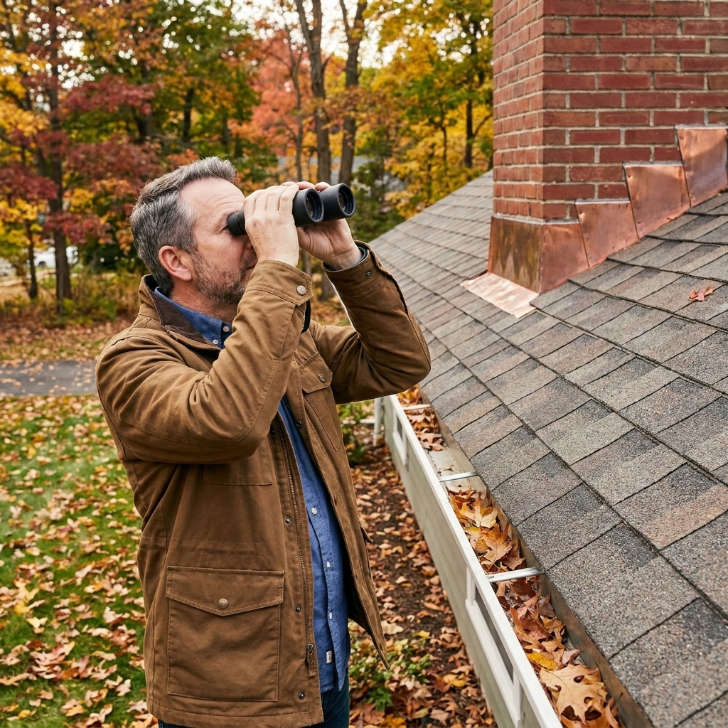 A homeowner standing on the ground using binoculars to inspect an asphalt shingle roof and metal flashing around a chimney during fall