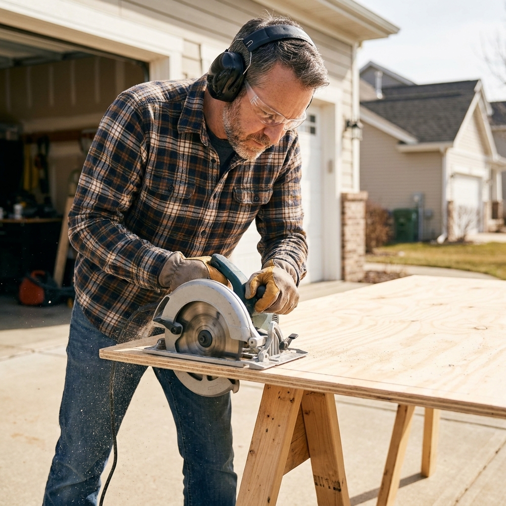 A homeowner using a circular saw to cut a sheet of plywood on sawhorses in a driveway, wearing safety glasses and hearing protection