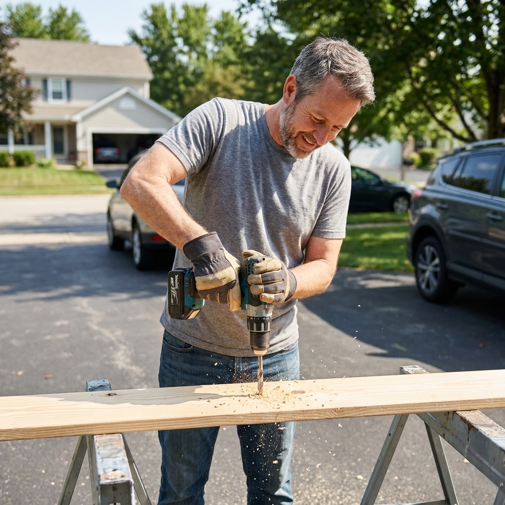 A homeowner using a cordless drill to drill a pilot hole into a pine board on sawhorses in a driveway