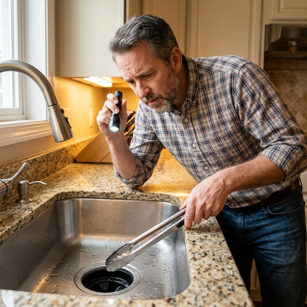 A homeowner using a flashlight to look into a sink garbage disposal opening while holding long kitchen tongs above the drain