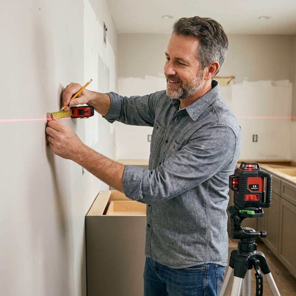 A homeowner using a laser level line across a kitchen wall to mark the height for upper cabinets, holding a tape measure and pencil