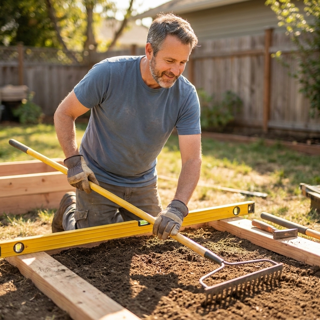 A homeowner using a long level and a rake to flatten soil for a raised garden bed footprint in a backyard