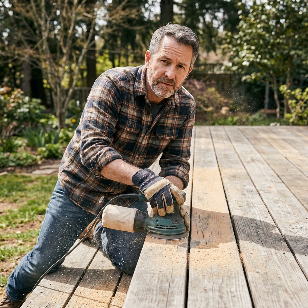 A homeowner using a random orbit sander on sun-faded deck boards near the edge of a wooden deck, with dust collection attached