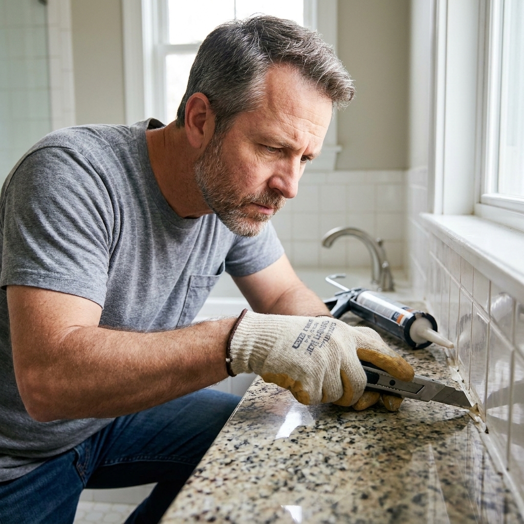 A homeowner using a retractable utility knife to carefully score old caulk along a bathroom countertop seam.