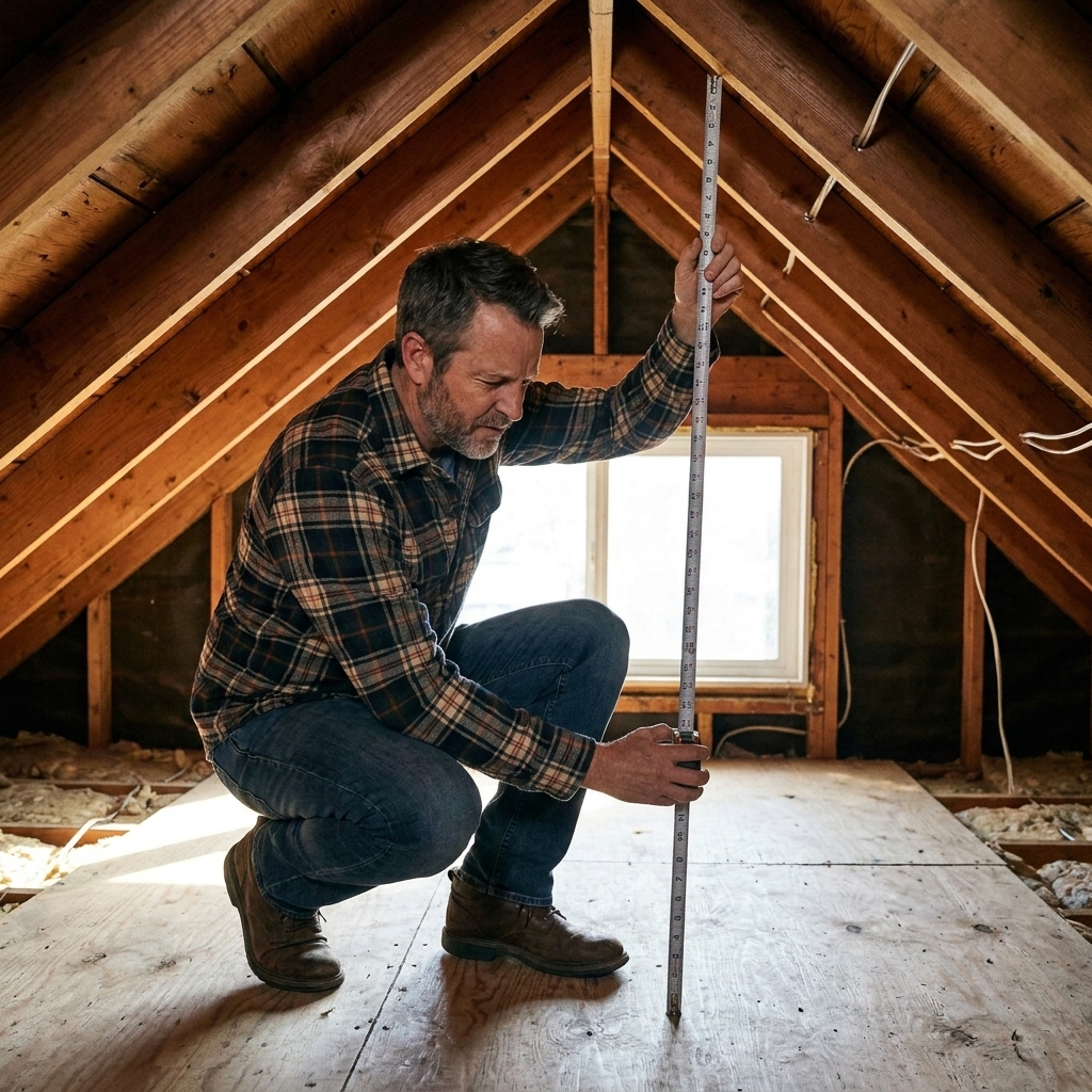 A homeowner using a tape measure to check headroom under a sloped attic ceiling near exposed rafters and subfloor